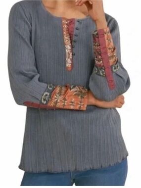 Soft Surroundings gray ribbed embroidered cuff boho shirt size 1X